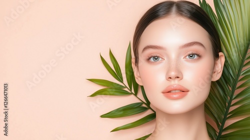 Radiant Beauty: Close up portrait of a young woman with flawless skin, her face gently framed by lush green tropical leaves against a soft peach background.   photo