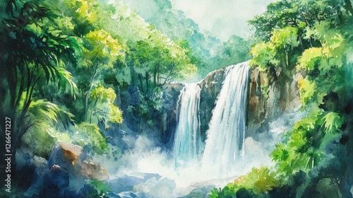 Waterfall cascading down rocky cliffs surrounded by lush greenery in a tranquil nature setting. Generative AI