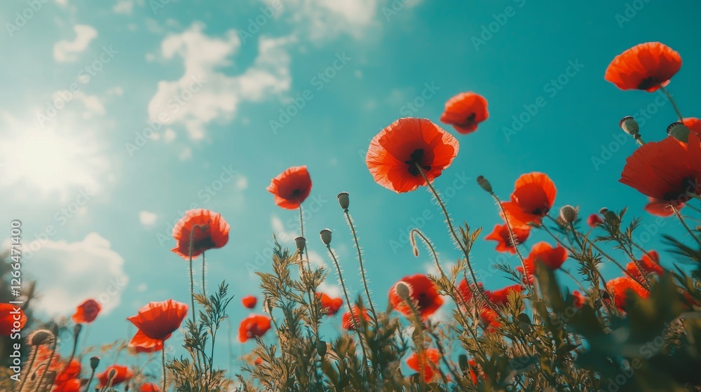 Obraz premium Vibrant Red Poppies Against a Bright Blue Sky with Fluffy Clouds