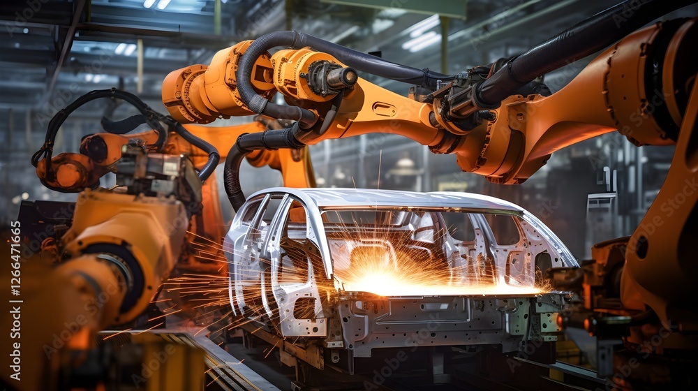 Automated Robotic Welding of Car Body in Modern Factory Assembly Line Automated Robotic Welding of Car Body in Modern Factory Assembly Line