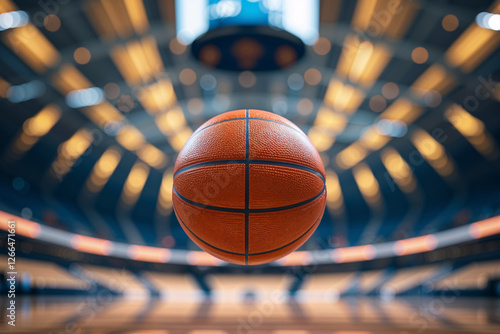 A basketball hangs suspended, centered in the arena ready for tipoff at the start of the game. photo