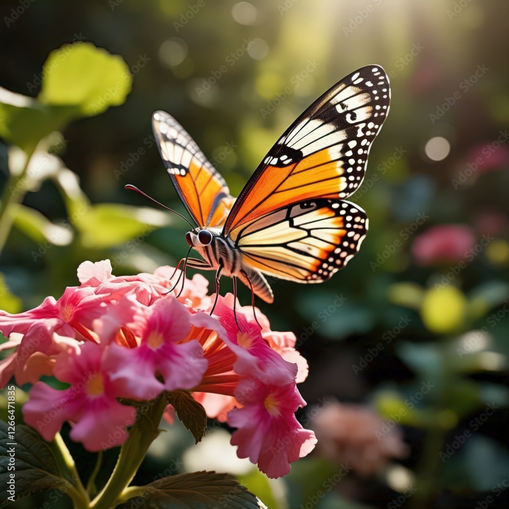 Obraz premium Monarch Butterfly Sitting on Flower – Close-up of Colorful Butterfly on Blooming Blossom