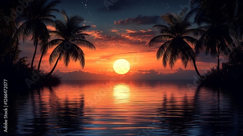 Tropical sunset, palm trees, ocean