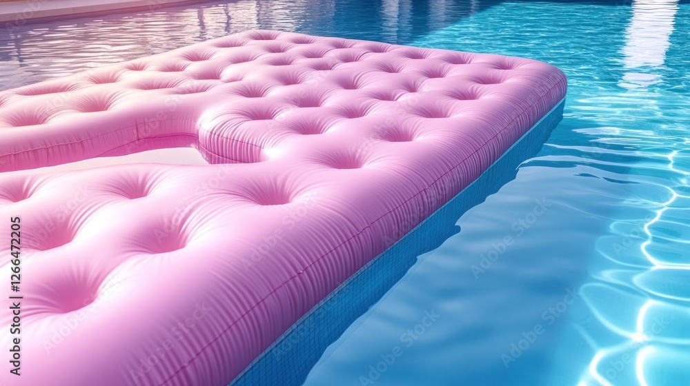 Obraz premium Pink inflatable pool raft in a swimming pool with modern architecture background