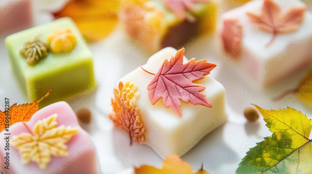 A delightful assortment of autumn-themed sweets, featuring cookies, cakes, and pastries decorated with intricate autumn leaf motifs in warm hues of orange, red, and yellow. A delightful assortment of autumn-themed sweets, featuring cookies, cakes, and pastries decorated with intricate autumn leaf motifs in warm hues of orange, red, and yellow.