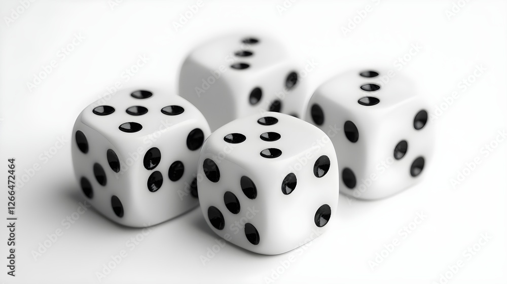Close up of Four White Dice with Black Dots on a White Background Gambling Luck Chance Concept Close up of Four White Dice with Black Dots on a White Background Gambling Luck Chance Concept