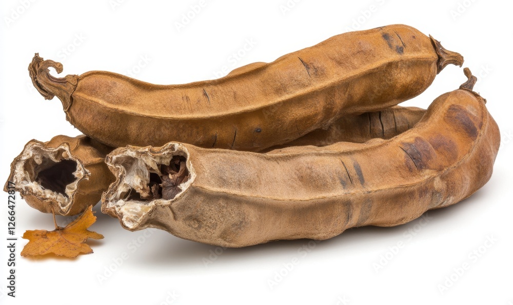 Three dried pods of a tropical fruit resting on a white surface, showcasing their unique shapes and textures