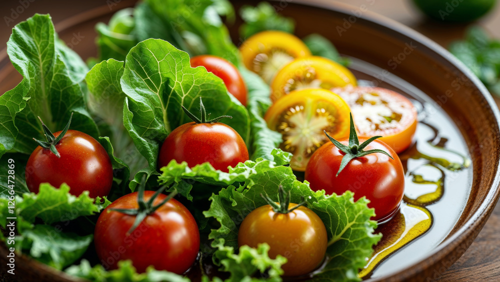 A vibrant salad with fresh red and yellow tomatoes, crisp lettuce, drizzled with olive oil. A vibrant salad with fresh red and yellow tomatoes, crisp lettuce, drizzled with olive oil.