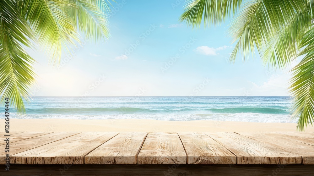 Fototapeta premium Stunning ocean view from rustic wooden table, peaceful seascape photography, summer vacation scenery