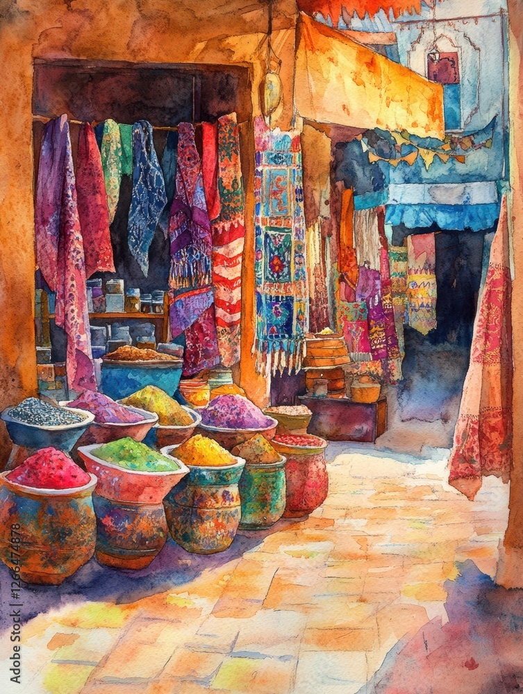 Fototapeta premium Colorful market scene with spices and textiles in an outdoor bazaar during the afternoon light in a vibrant location. Generative AI