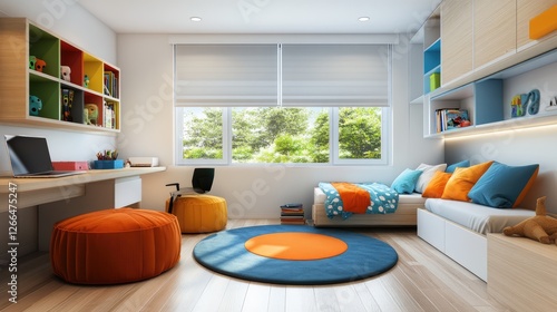 Spacious kids' bedroom with colorful furniture and large windows