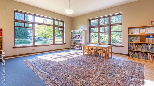 Spacious kids' room with pastel walls and sunlight illuminating the play area