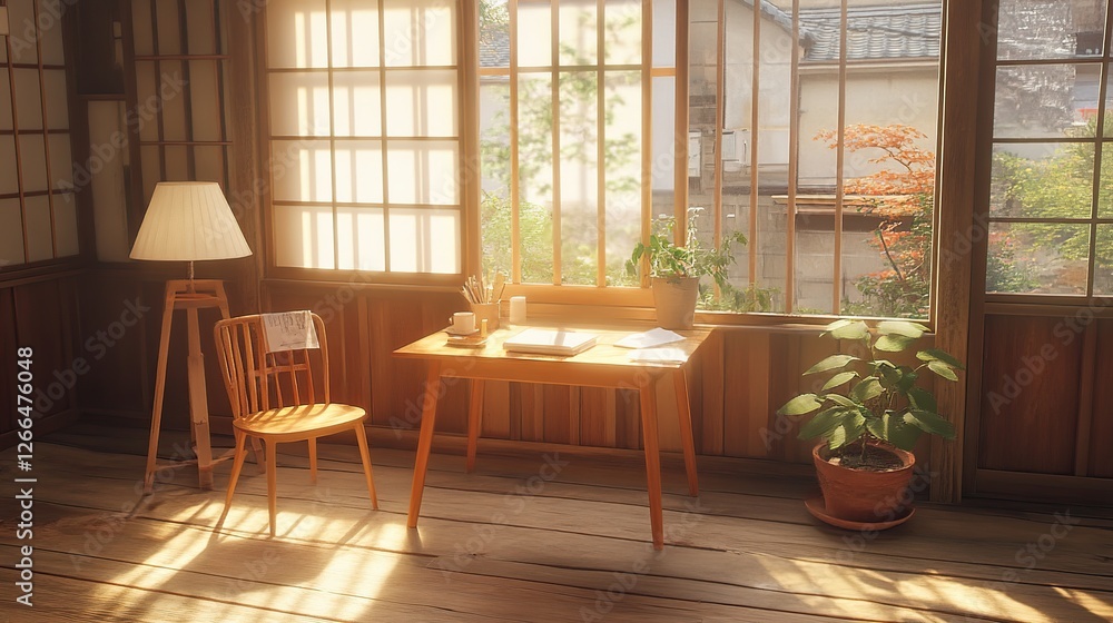 Obraz premium Sunlit Japanese room, desk, chair, plants, view