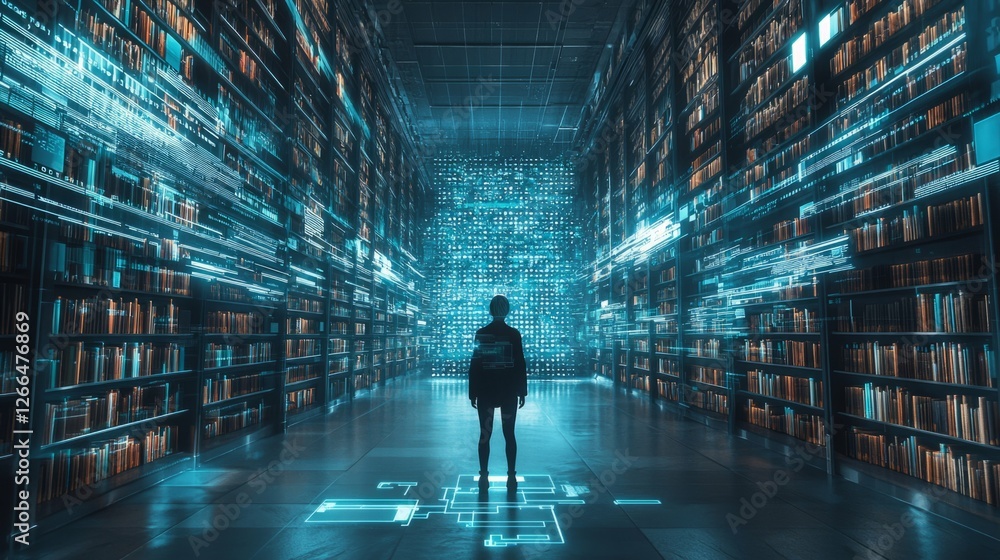 Person in futuristic library with digital data streaming all around Person in futuristic library with digital data streaming all around