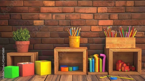 Wooden cubbies filled with toys, books, and art supplies photo