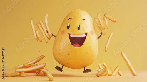 A humorous and lovable potato character happily munching on a handful of French fries, with a big smile and cheerful eyes.