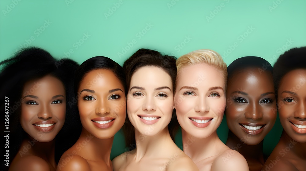 Obraz premium Diverse Group of Women Smiling Beautiful Skin Tones Multiethnic Beauty Portrait