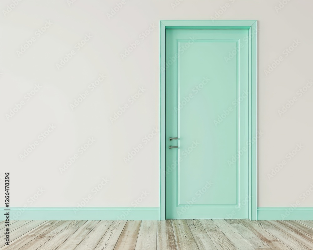 A mint green door with silver hardware is set against a white wall and wooden floor The wall has a mint green trim at the bottom A mint green door with silver hardware is set against a white wall and wooden floor The wall has a mint green trim at the bottom