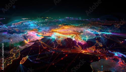 Wonderful night view futuristic international telecommunication network, concept about global data transfer, background with colourful abstract dynamic gradient line flows connecting cityspace