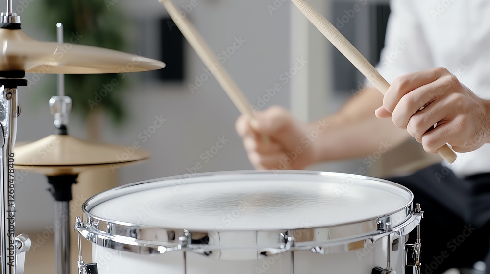 Close-up of hands playing a drum set with drumsticks, showcasing rhythm and musical expression. Close-up of hands playing a drum set with drumsticks, showcasing rhythm and musical expression.