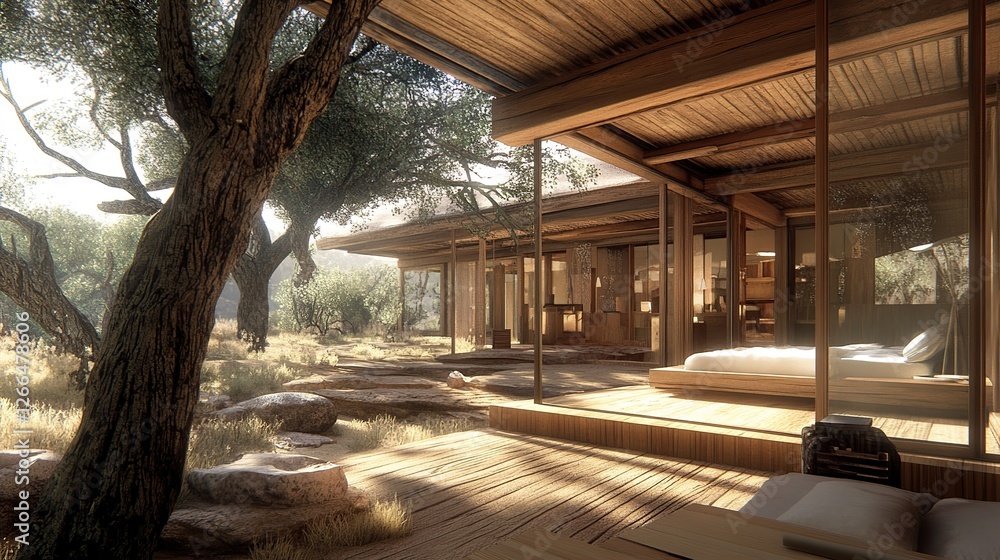 Desert Oasis Modern Bedroom, Wooden Deck, Olive Trees, Sunlight, Architectural Design Desert Oasis Modern Bedroom, Wooden Deck, Olive Trees, Sunlight, Architectural Design