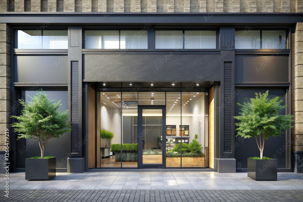 Blank black storefront mockup.  Ideal for outdoor shop designs.  Features customizable posters and window displays.