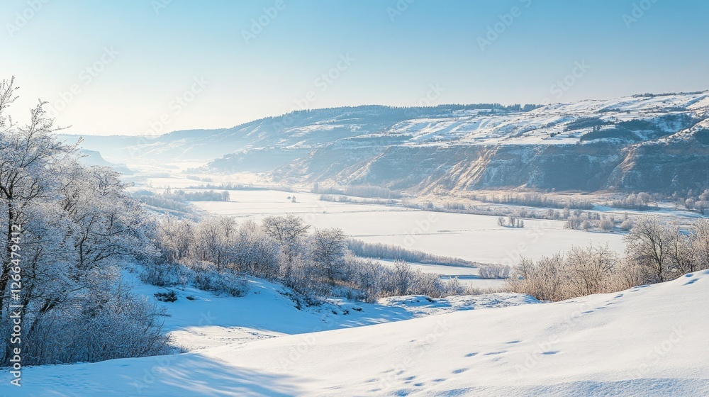 A breathtaking winter valley with untouched snow, offering a clean and bright setting for product advertising. A breathtaking winter valley with untouched snow, offering a clean and bright setting for product advertising.
