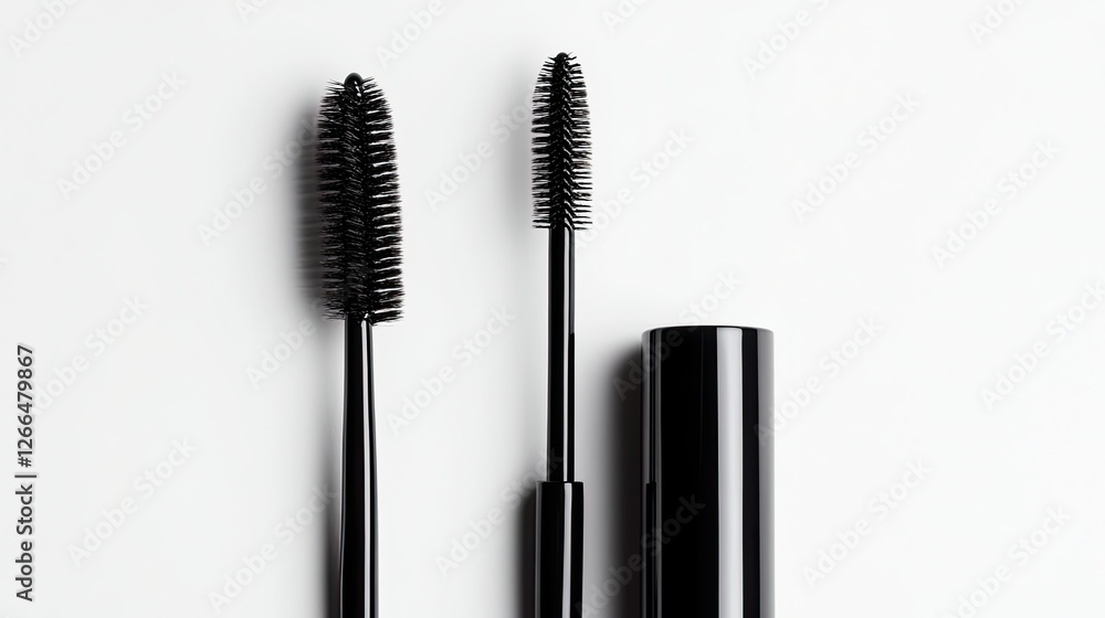 A close-up of a mascara brush with defined bristles, standing beside a stylish mascara tube on white. A close-up of a mascara brush with defined bristles, standing beside a stylish mascara tube on white.