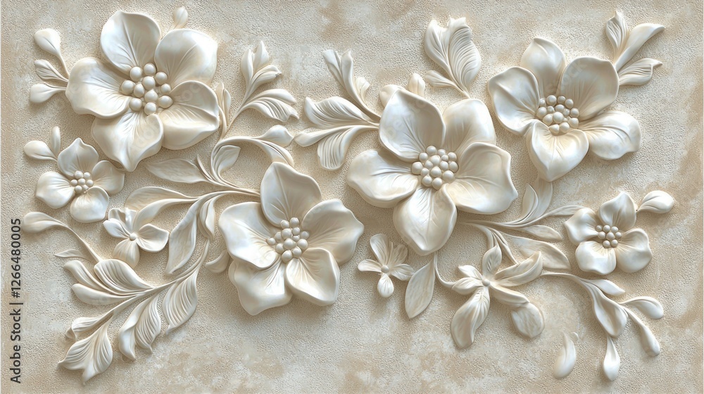Ornate, 3D floral bas-relief on beige marble-like wall. Background subtle texture. Possible use wallpaper, design inspiration Ornate, 3D floral bas-relief on beige marble-like wall. Background subtle texture. Possible use wallpaper, design inspiration