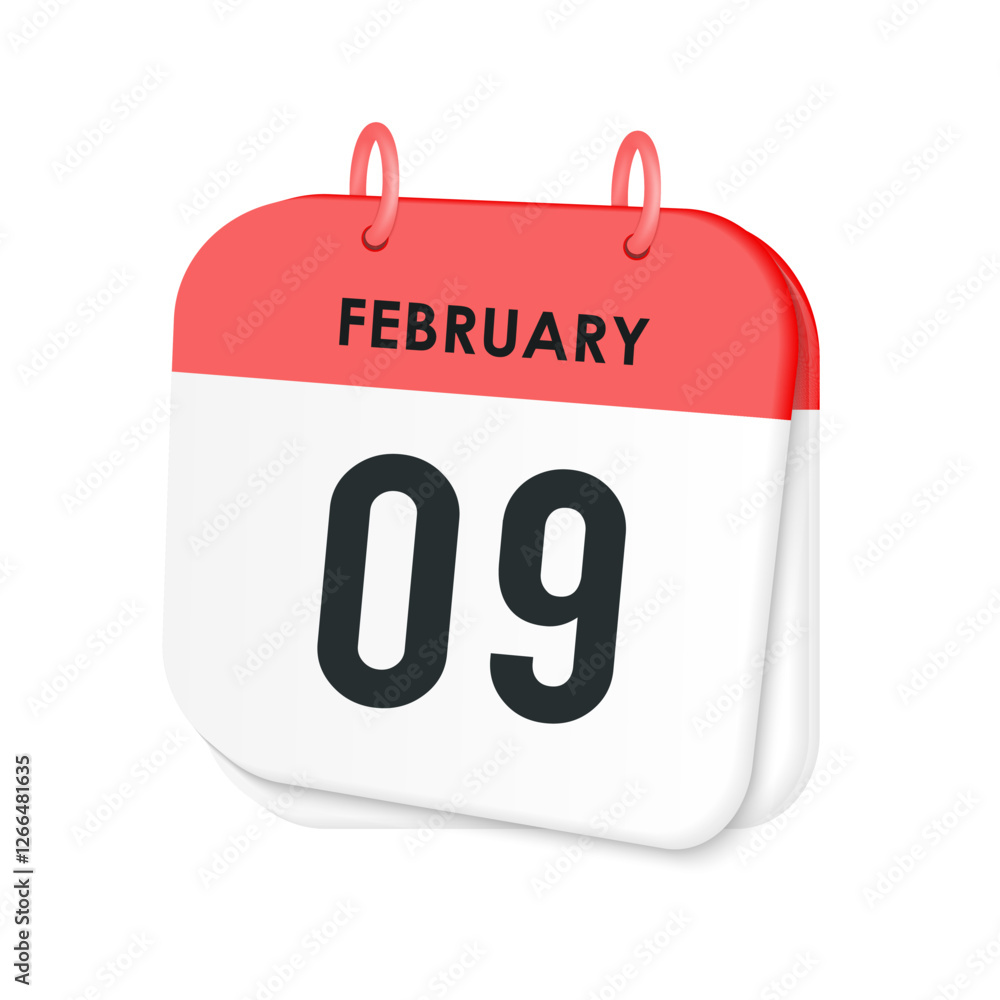 9th February daily calendar icon template. February 9 day calendar design. Single day calendar in vector illustration flat style. 9th February daily calendar icon template. February 9 day calendar design. Single day calendar in vector illustration flat style.