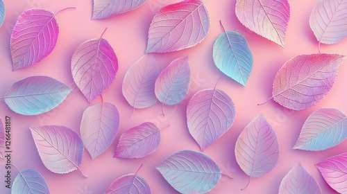 Pastel leaves scattered on a pink surface with a soft background
