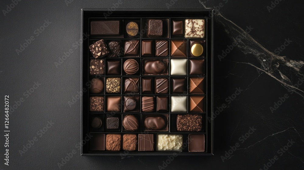 A high-end chocolate assortment featuring dark, milk, and white chocolates, elegantly displayed in a box. A high-end chocolate assortment featuring dark, milk, and white chocolates, elegantly displayed in a box.