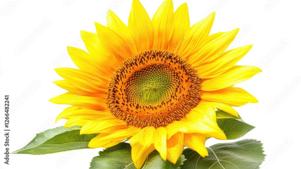 A high-resolution image of a sunflower with a perfect circular center and radiant petals, isolated on white. A high-resolution image of a sunflower with a perfect circular center and radiant petals, isolated on white.