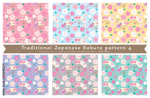 日本的な桜と扇のシームレスパターンセット（パステルカラー）
