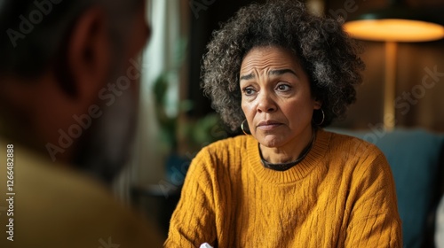 A Thoughtful Conversation Between a Middle-Aged Black Woman with Curly Hair Wearing an Orange Sweater and a Man in a Cozy Indoor Setting photo