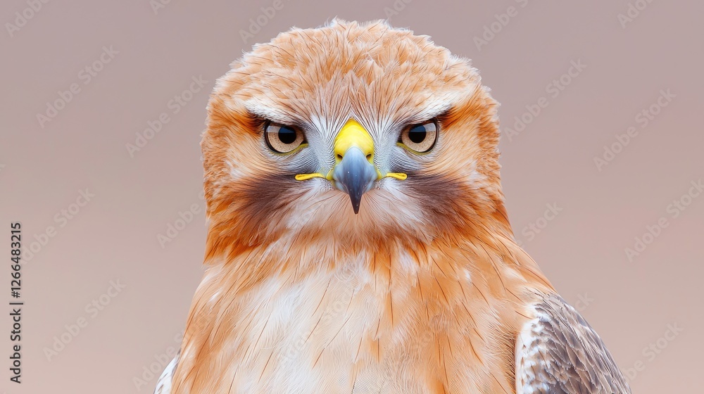 Naklejka premium Close-up of a hawk's face, stern expression, soft background. Possible use Nature, wildlife
