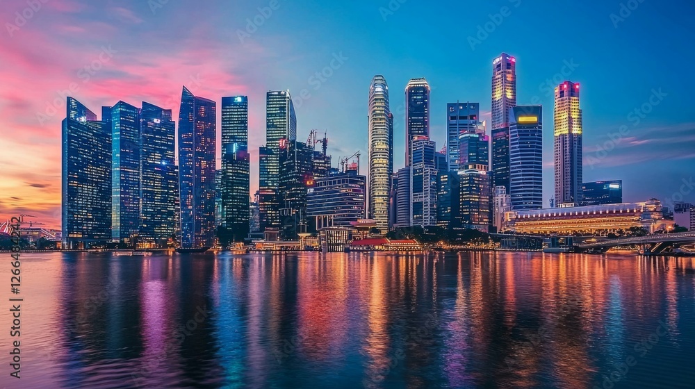 Naklejka premium Stunning Cityscape of Singapore at Dusk with Vibrant Skyline Reflections
