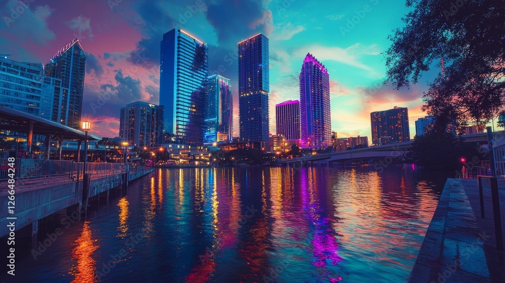 Fototapeta premium Vibrant Cityscape at Dusk with Colorful Reflections on Water