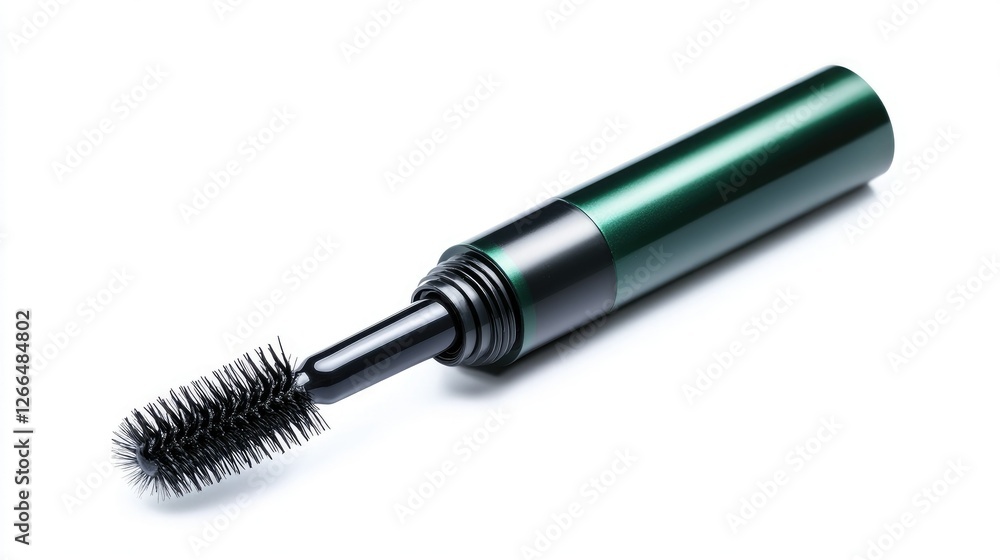 A sleek black mascara tube with an open brush, showcasing fine bristles for perfect lash application, isolated on white. A sleek black mascara tube with an open brush, showcasing fine bristles for perfect lash application, isolated on white.