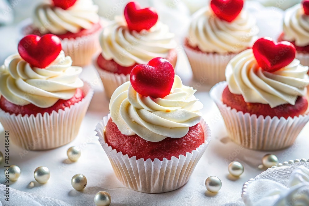 Double exposure photography showcases red heart buttercream cupcakes on a pristine white background, viewed from above. Double exposure photography showcases red heart buttercream cupcakes on a pristine white background, viewed from above.