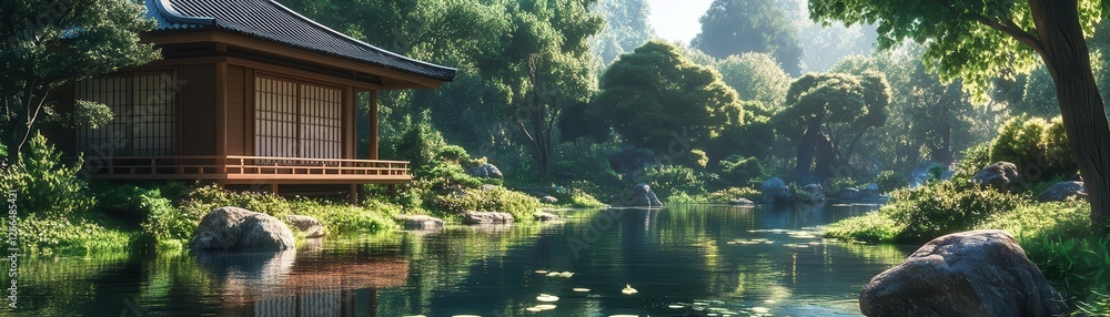 Traditional Japanese tea house, serene garden view, 3D illustration Traditional Japanese tea house, serene garden view, 3D illustration