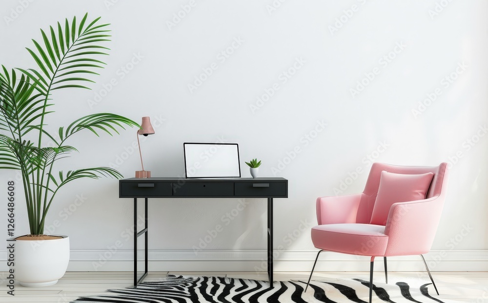 Fototapeta premium Minimalist home office with black desk. pink armchair. and zebra print rug