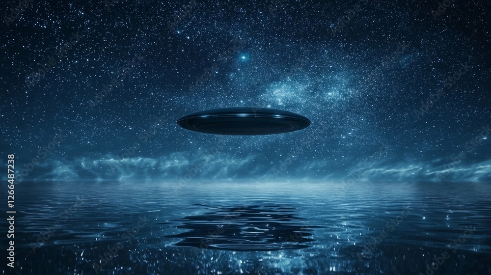 Mysterious UFO Above Serene Ocean Under Starry Night Sky Mysterious UFO Above Serene Ocean Under Starry Night Sky