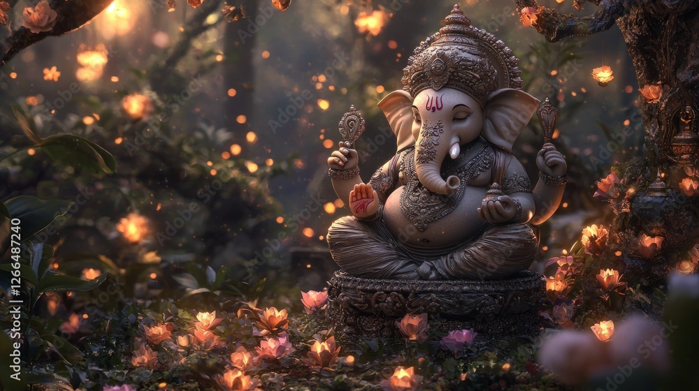 Fototapeta premium Lord Ganesha seated on a decorated pedestal with soft ambient lighting, radiating peace and devotion.
