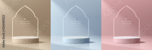 Set of 3D beige, blue, pink podium background. Mosque frames in Ramadan Kareem concept. Abstract composition minimalist design. Studio display showroom product pedestal, Fashion stage showcase mockup.