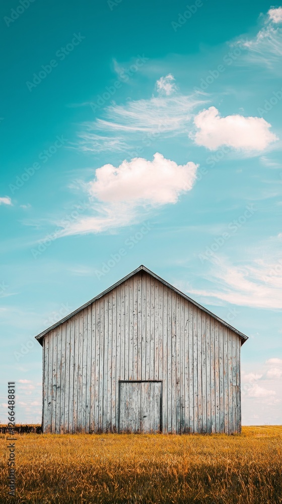 Obraz premium Rustic Wooden Barn Under Bright Blue Sky with Fluffy Clouds