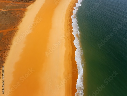 Beach aerial view; Waves washing shore. Dunes & scrubland back. Tourism, travel background photo