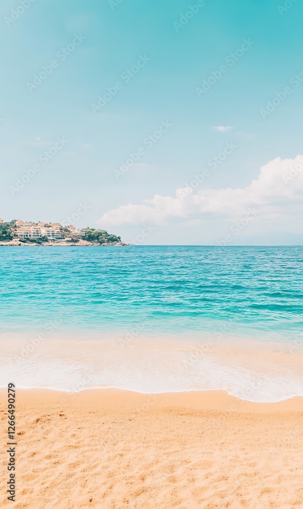 Beach surf rushes toward empty tan sand; calm, clear, turquoise water; town in distance. Travel ad Beach surf rushes toward empty tan sand; calm, clear, turquoise water; town in distance. Travel ad