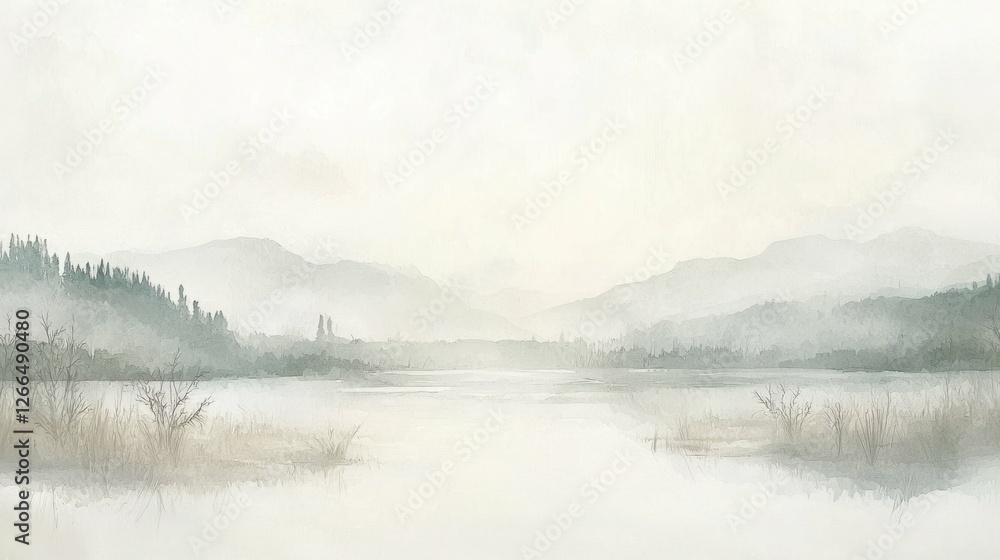 Fototapeta premium Serene Misty Landscape Over Tranquil Lake and Mountains in Fog