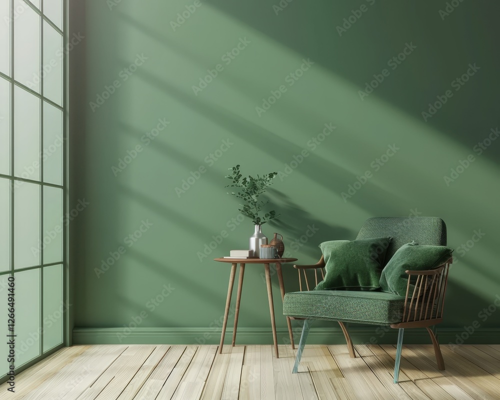 A green armchair with pillows sits next to a wooden side table in a room with a green wall and a large window A green armchair with pillows sits next to a wooden side table in a room with a green wall and a large window